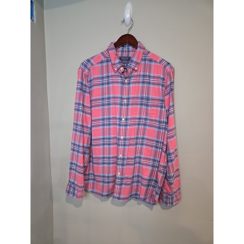 Vineyard Vines Mens Large Classic Fit Shirt Pink Blue Plaid Cotton Linen Stretch